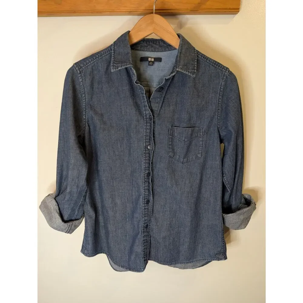 Uniqlo Blue Chambray Denim Button Down Shirt Long Sleeve Women's Medium - Picture 6 of 7